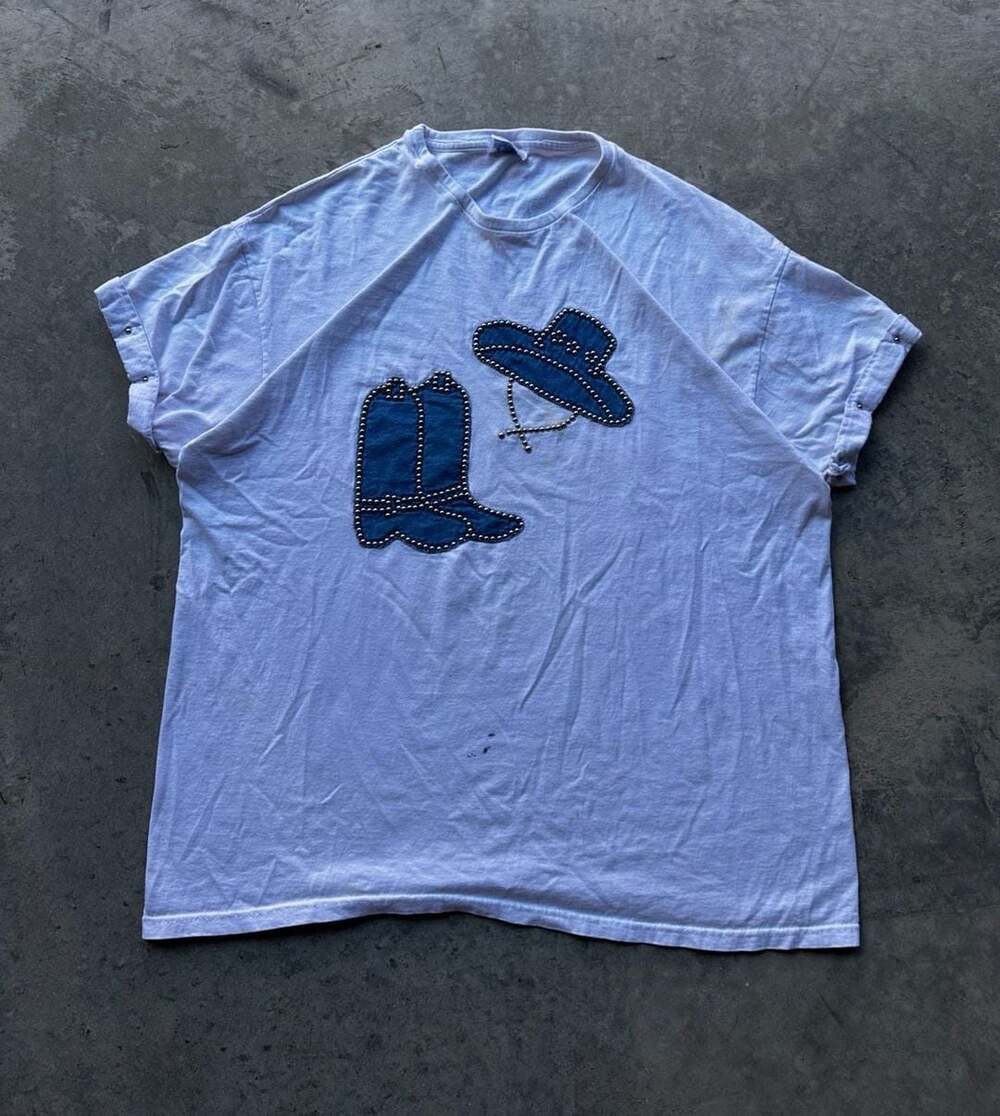 Vintage Hanes Heavyweight Cowgirl Boot And Hat Denim Applique Studded T-Shirt